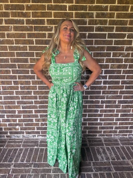 Green Floral Smocked Maxi Dress with Adjustable Tie Straps