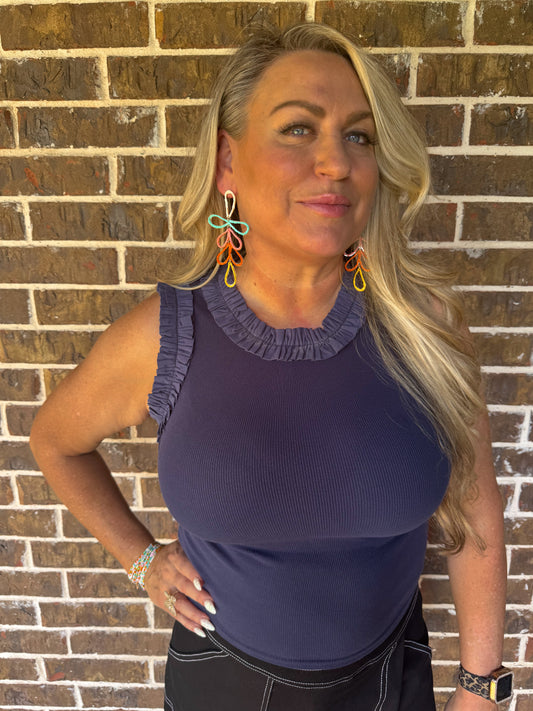 Navy Ribbed Ruffle Sleeve Tank Top