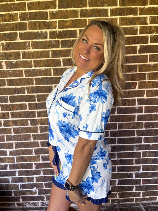 Blue Blossom Pajama Shorts Set